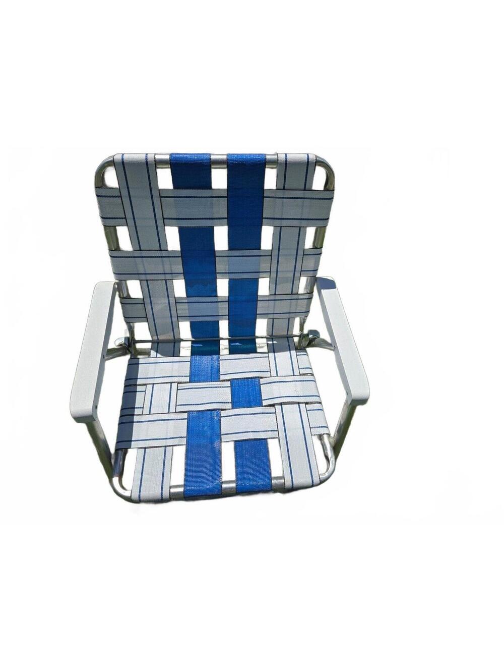 Vintage Aluminum Webbed Lawn Chair Folding Blue White Sunbeam PSU